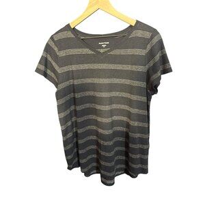 Eileen Fisher Womens V-Neck Striped Short Sleeve Shirt L Hemp & Organic Cotton